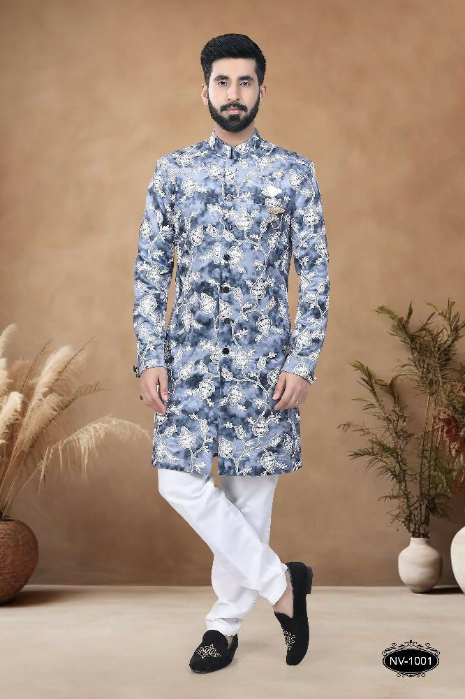 Joban Fashion Men's Blue Straight Swed Velvet Thread & Sequence Embroidery All Over Indo-Western Kurta Set | Grocsy