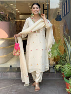 The52 Off White Women's Gorgeous Chinon Fabric Embroidered Work Straight Kurta Pant and Dupatta Set | Grocsy