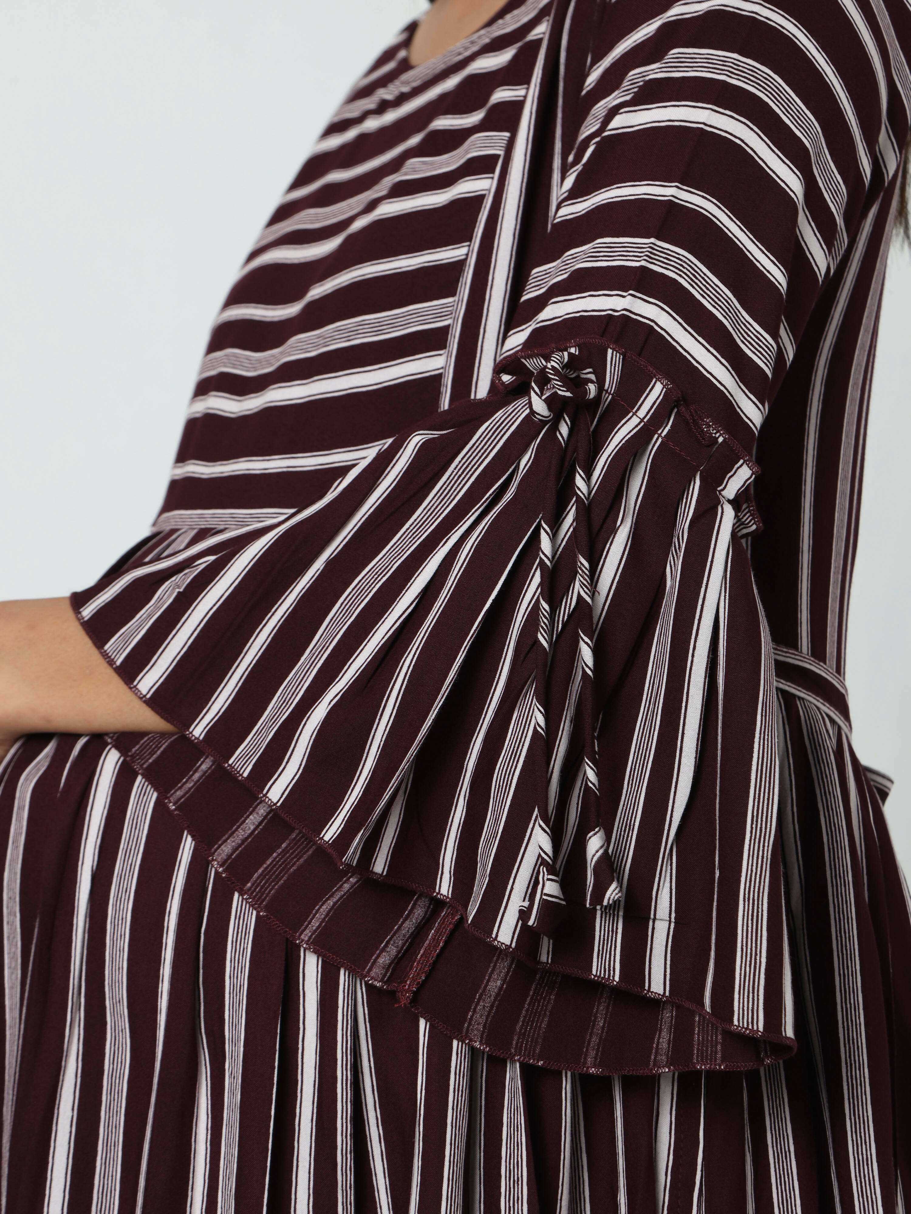 Manet Three Fourth Maternity Dress Striped With Concealed Zipper Nursing Access - Brown | Grocsy