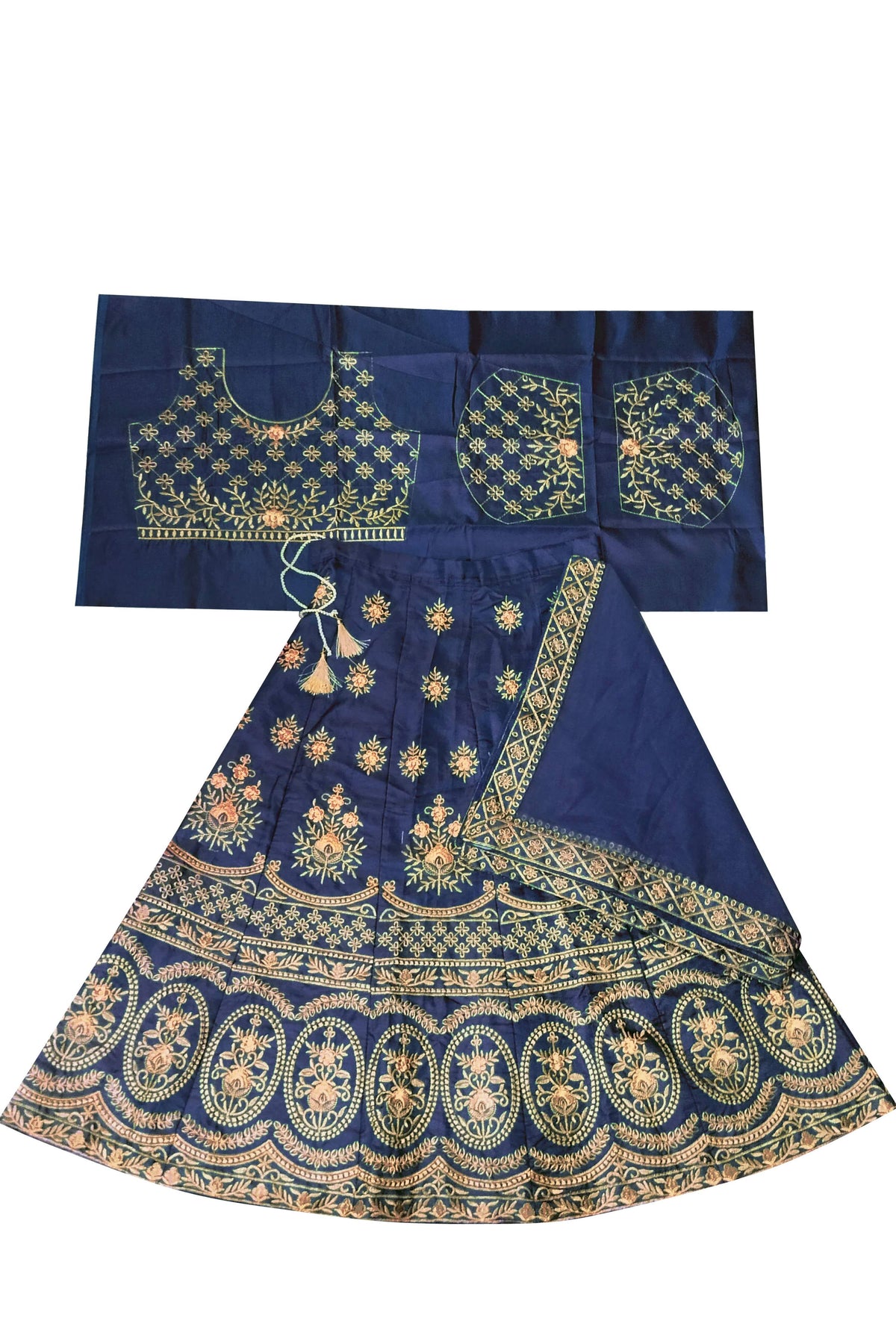 Dwiden Navy Blue Lehriyu Tafetta Sattin Semi-Stitched Girl's Lehenga Choli | Grocsy
