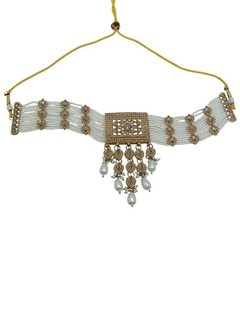 Jewel City Traditional Ethnic Antique Gold-Plated Pearl Bridal Choker Set with Earrings, Maang Tikka | Grocsy