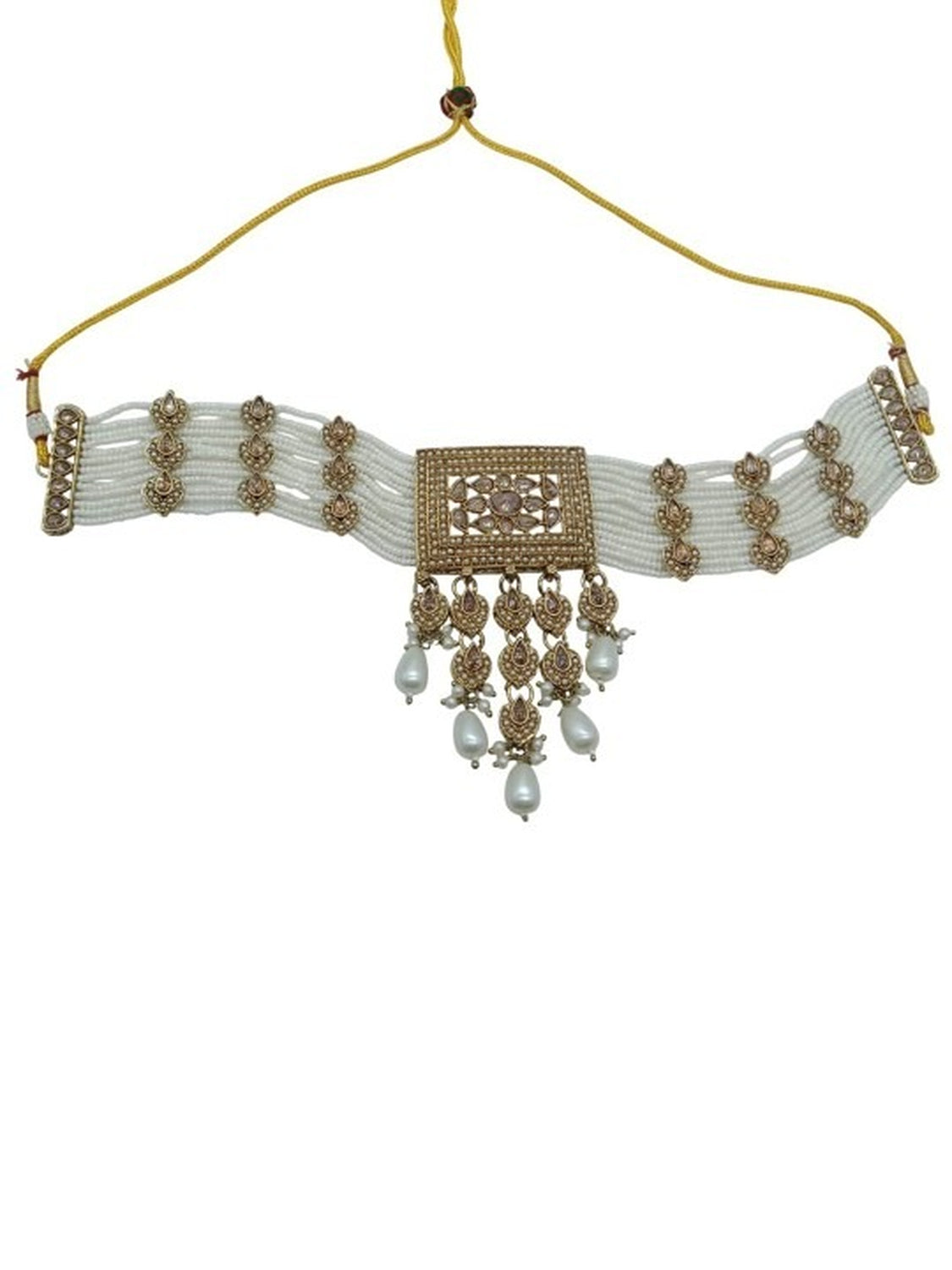 Jewel City Traditional Ethnic Antique Gold-Plated Pearl Bridal Choker Set with Earrings, Maang Tikka | Grocsy
