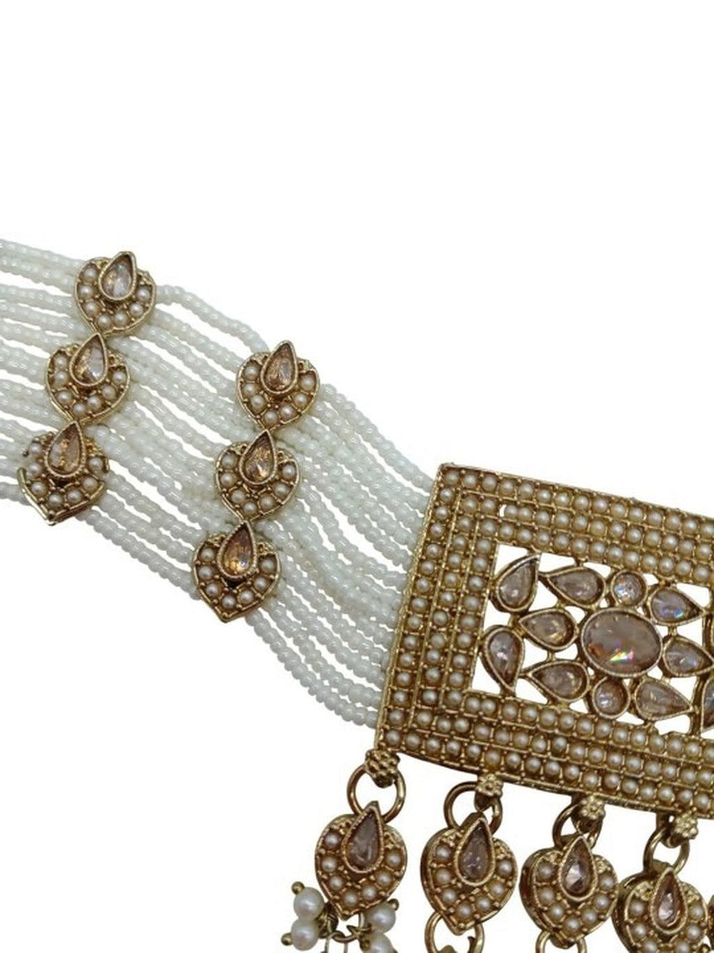 Jewel City Traditional Ethnic Antique Gold-Plated Pearl Bridal Choker Set with Earrings, Maang Tikka | Grocsy
