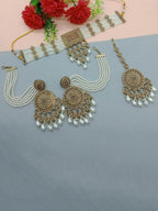 Jewel City Traditional Ethnic Antique Gold-Plated Pearl Bridal Choker Set with Earrings, Maang Tikka | Grocsy