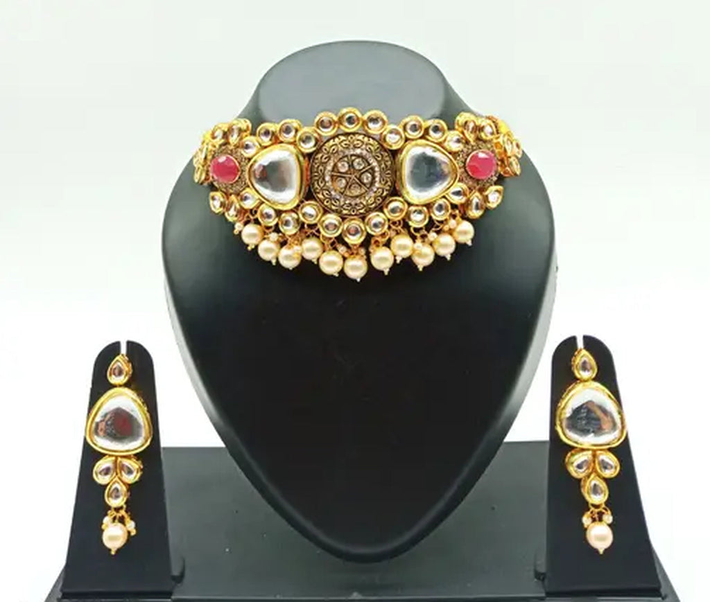 Jewel City Antique Kundan Choker Set with Pearl Drops - Gold-Plated Traditional Bridal Jewelry | Grocsy
