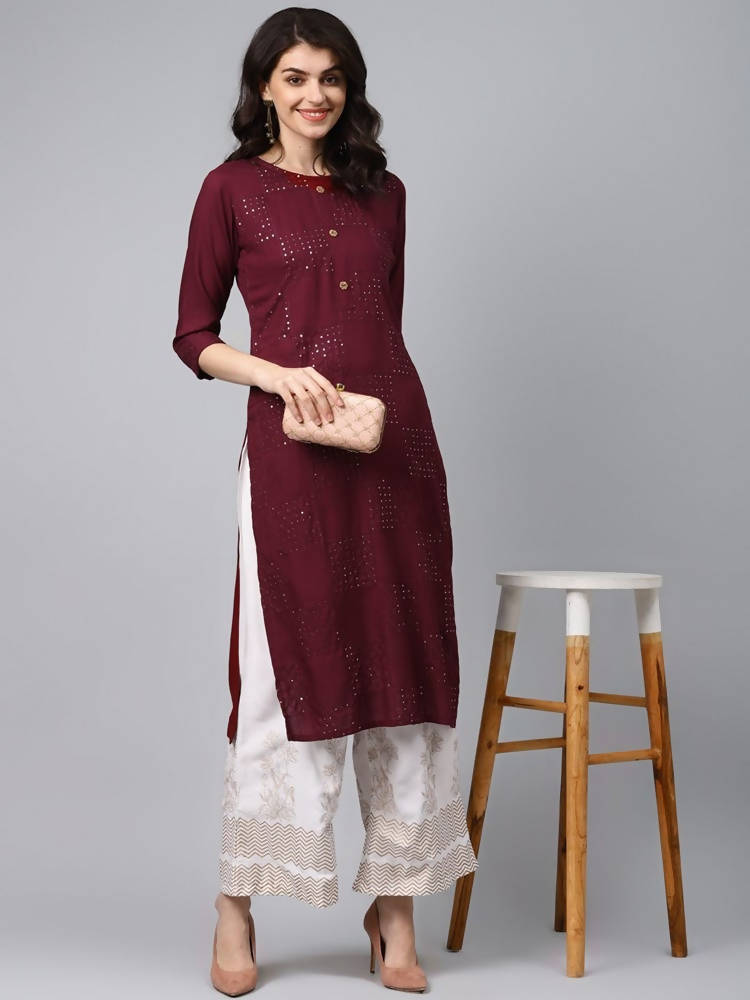 Yufta Women Maroon Self Design Kurta with Palazzo | Grocsy