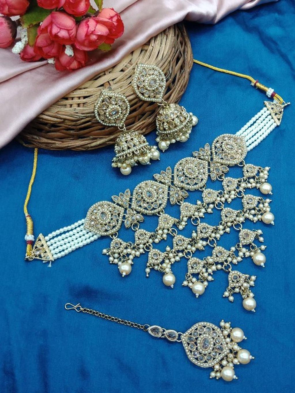 Jewel City Traditional Kundan Choker Necklace Set with Earrings & Maang Tikka – Handcrafted Bridal Jewelry for Weddings & Festivals | Grocsy
