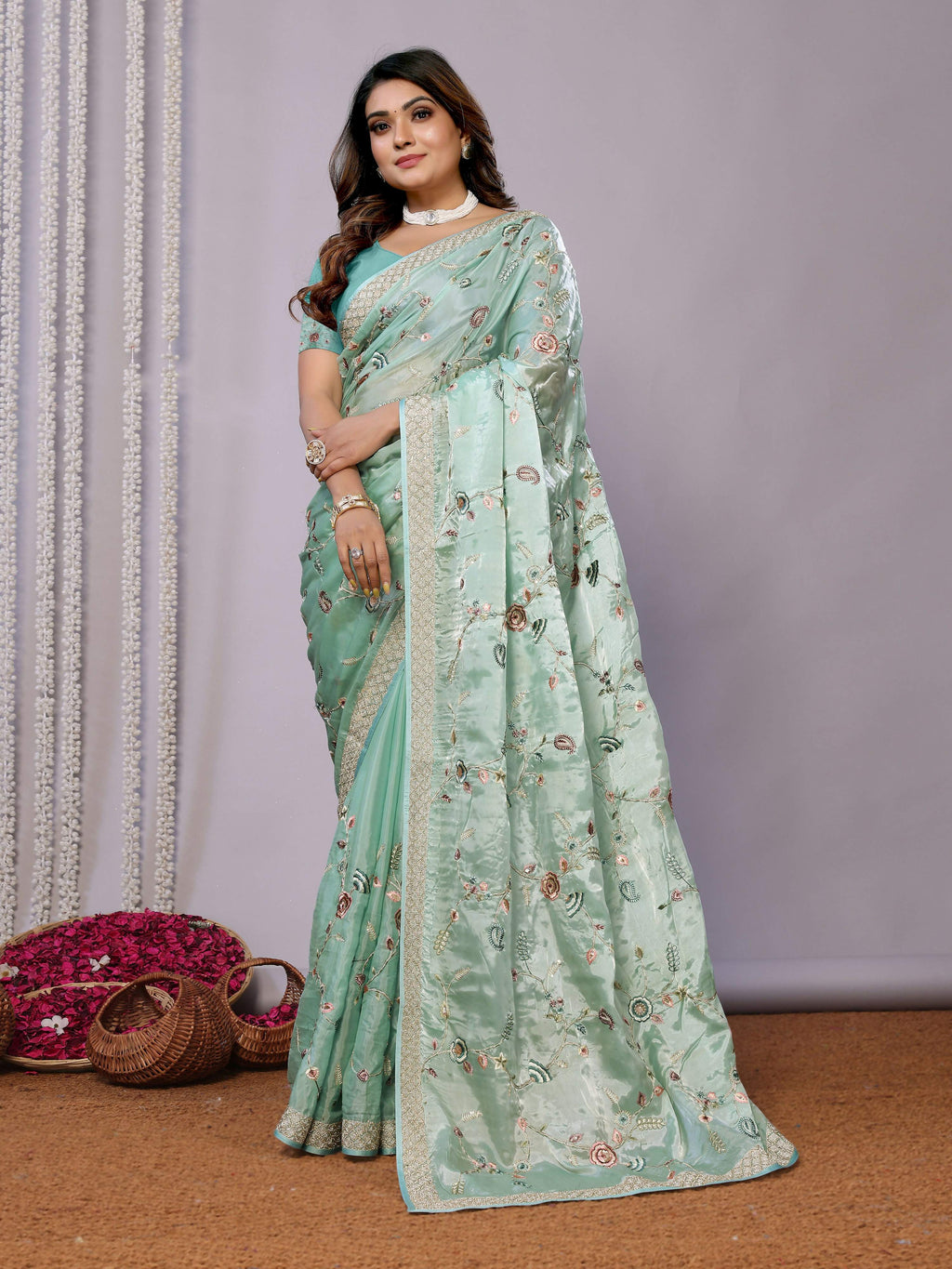 Blue Satin Silk Embroidered Saree With Stitched Blouse - Nimaya Kaksha | Grocsy