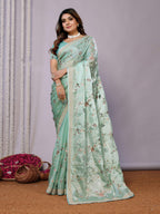 Blue Satin Silk Embroidered Saree With Stitched Blouse - Nimaya Kaksha | Grocsy