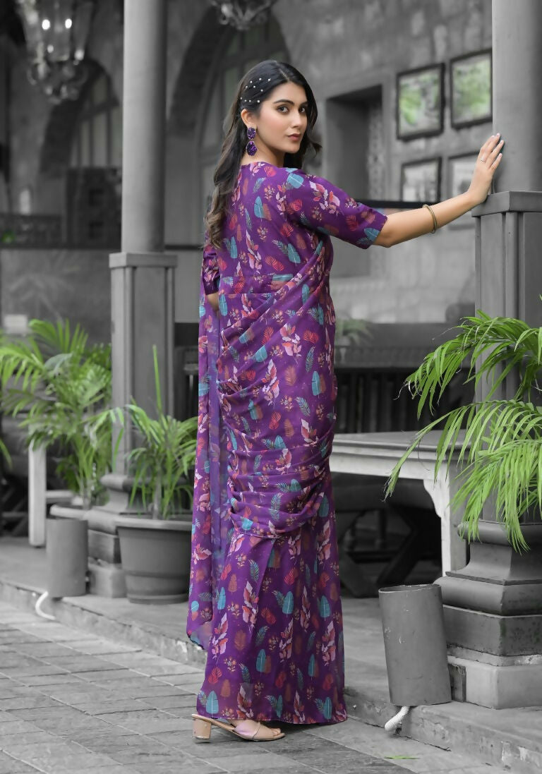 stylish Casual Purple Imported georgette Ready to Wear Fancy Saree - Ashwini | Grocsy