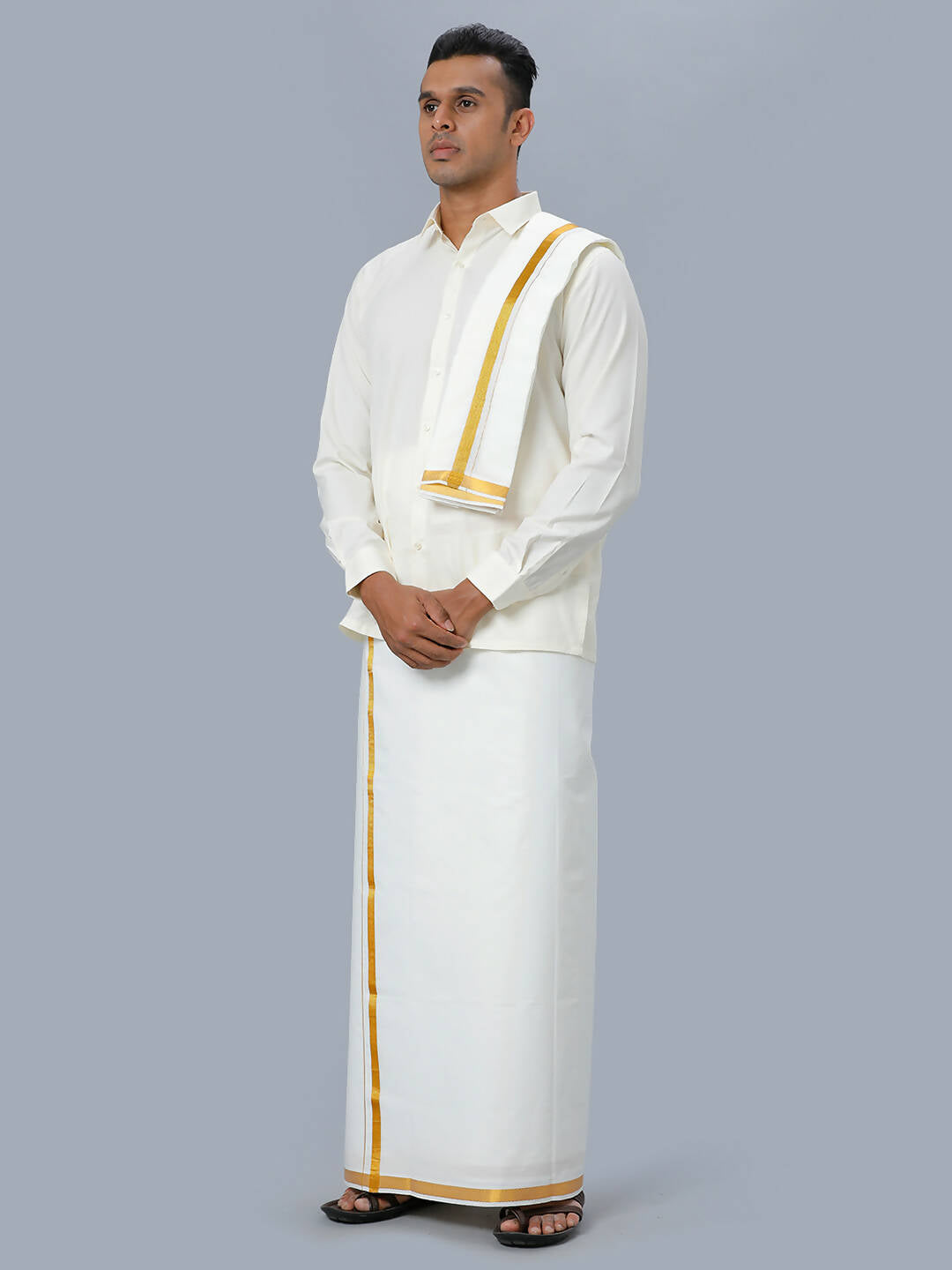 Ramraj Cotton Mens Wedding Cream Regular Dhoti, Shirt & Towel Set Subhakalyan 3/4" | Grocsy