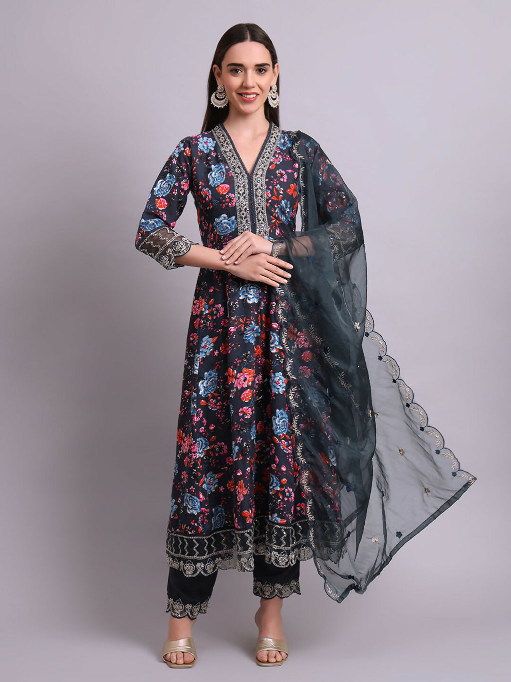 Joban Fashion Black Cotton Floral Printed & Embroidery Work Anarkali Kurta With Trousers & Dupatta Set | Grocsy