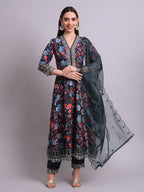 Joban Fashion Black Cotton Floral Printed & Embroidery Work Anarkali Kurta With Trousers & Dupatta Set | Grocsy