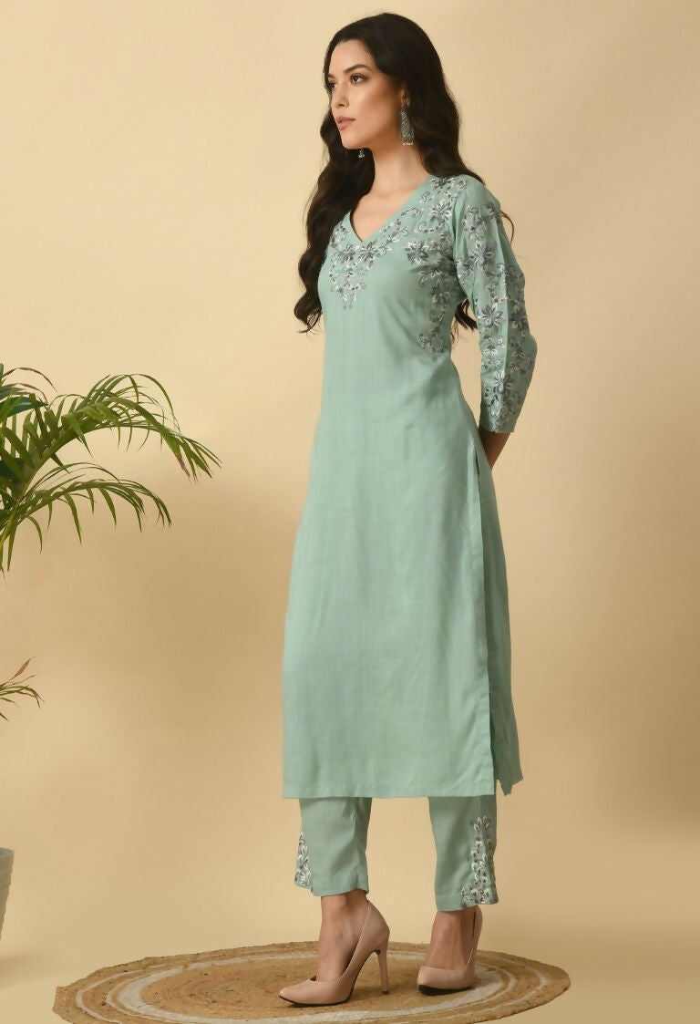 Joban Fashion Sea Green Cotton Rayon Kurta Set | Grocsy
