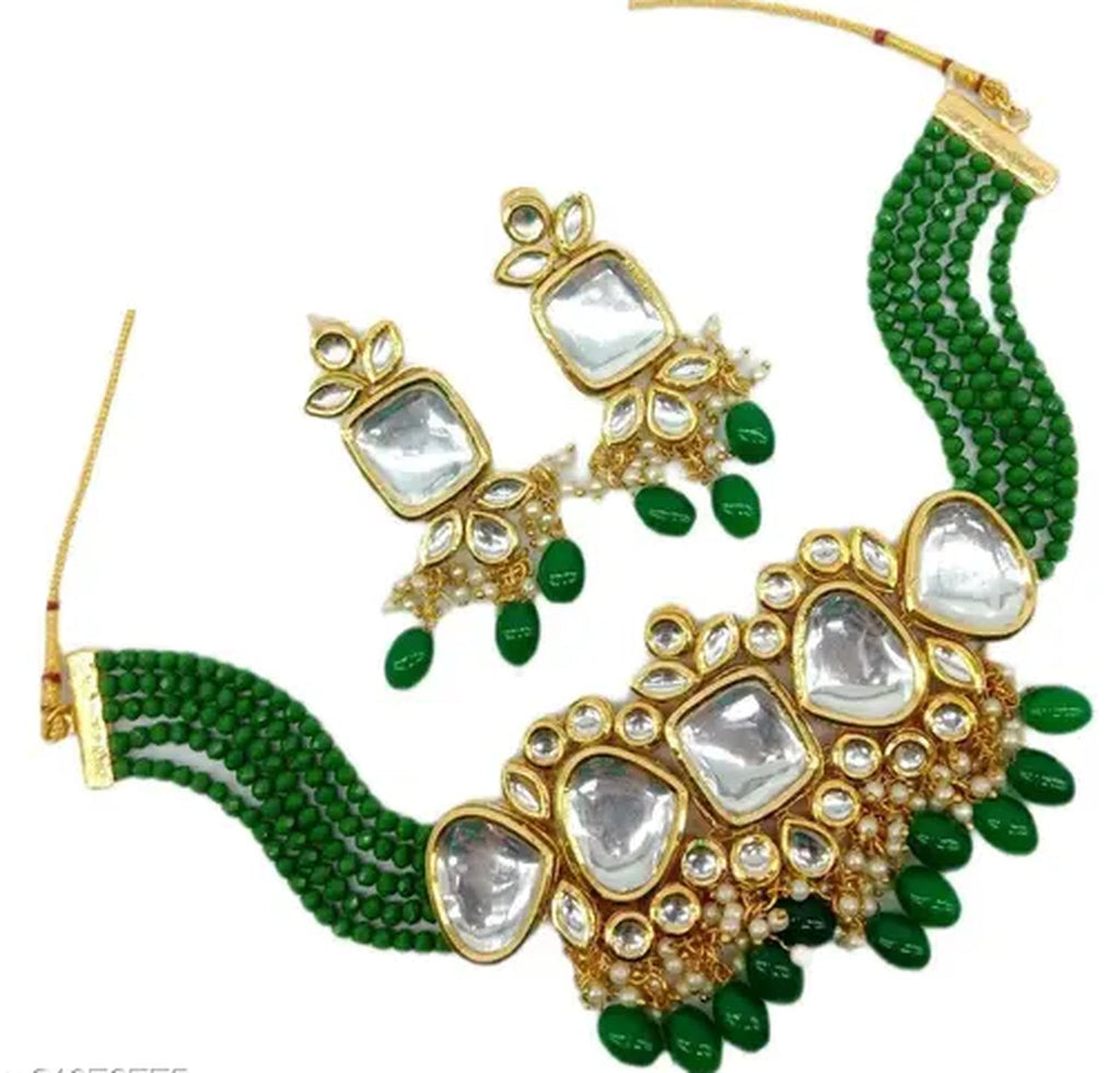 Jewel City Exquisite Kundan Choker Necklace Set with Green Beads - Traditional Indian Wedding Jewelry | Grocsy
