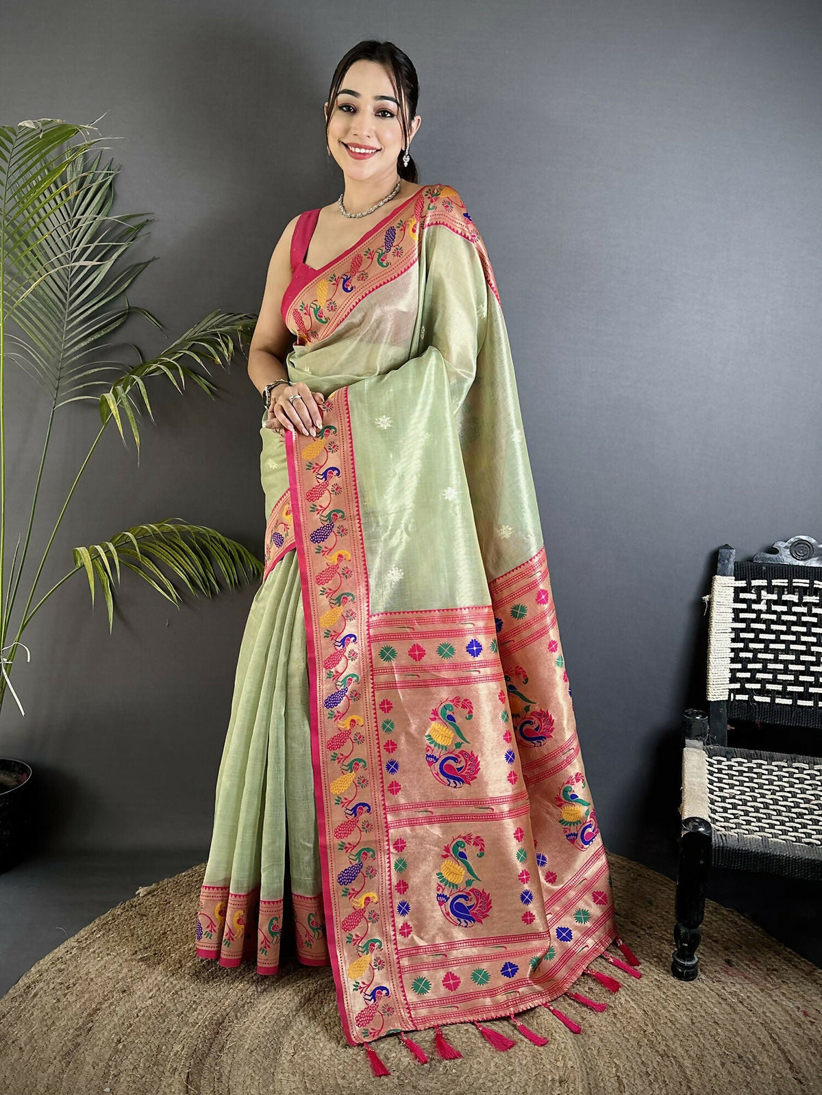 Joban Fashion Pista Green Zari Weaving Tissue Paithani Saree | Grocsy