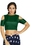 Aastha Fashion Women's Green Art Silk Cold Shoulder Sleeve Readymade Blouse | Grocsy