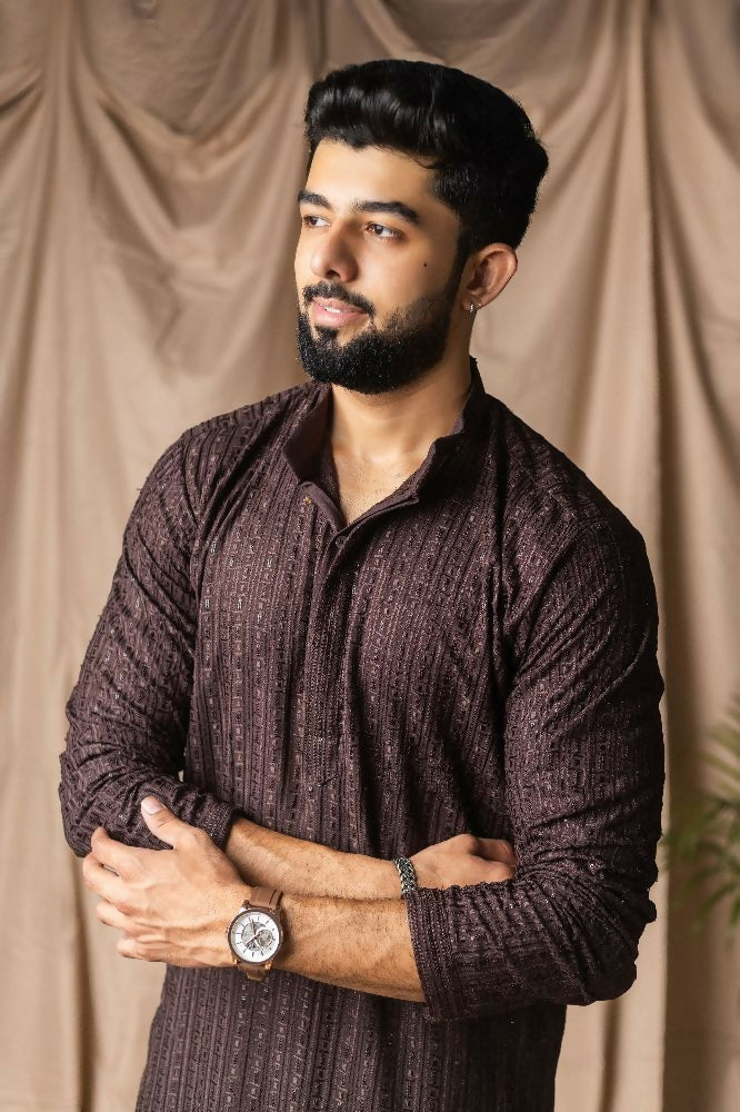 Dark Brown Rayon Thread Embroidery Work Kurta Set - Mahotsav | Grocsy
