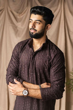 Dark Brown Rayon Thread Embroidery Work Kurta Set - Mahotsav | Grocsy