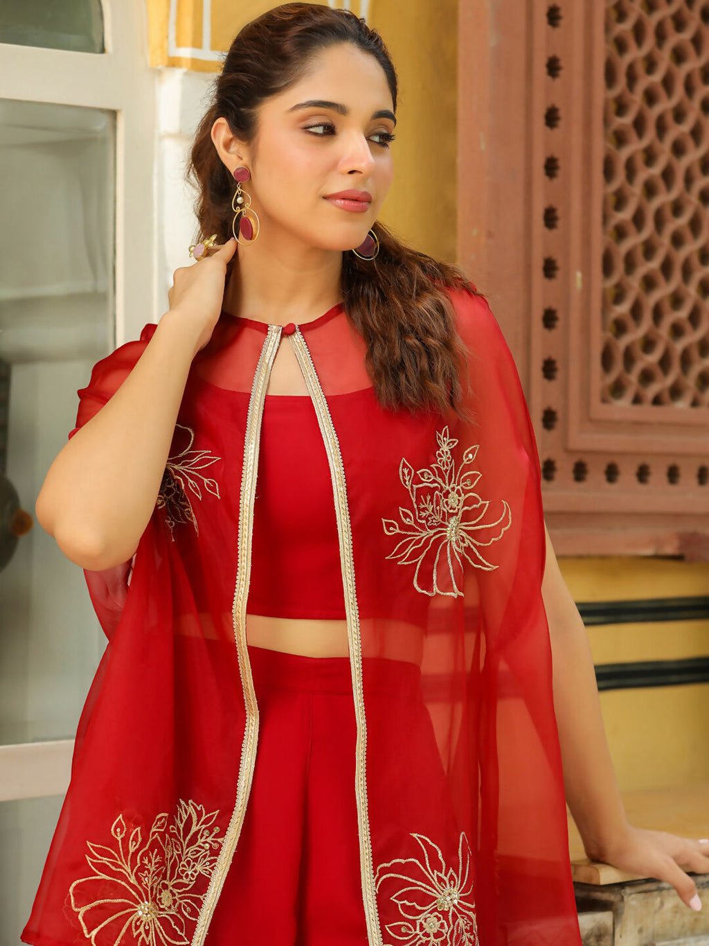 Janasya Maroon Georgette Solid Top Bottom Cape | Grocsy