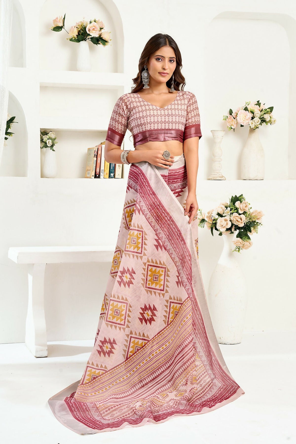 Vastranavya White Maroon Digital Printed Linen Ready To Wear Designer Saree with Unstitched Blouse | Grocsy