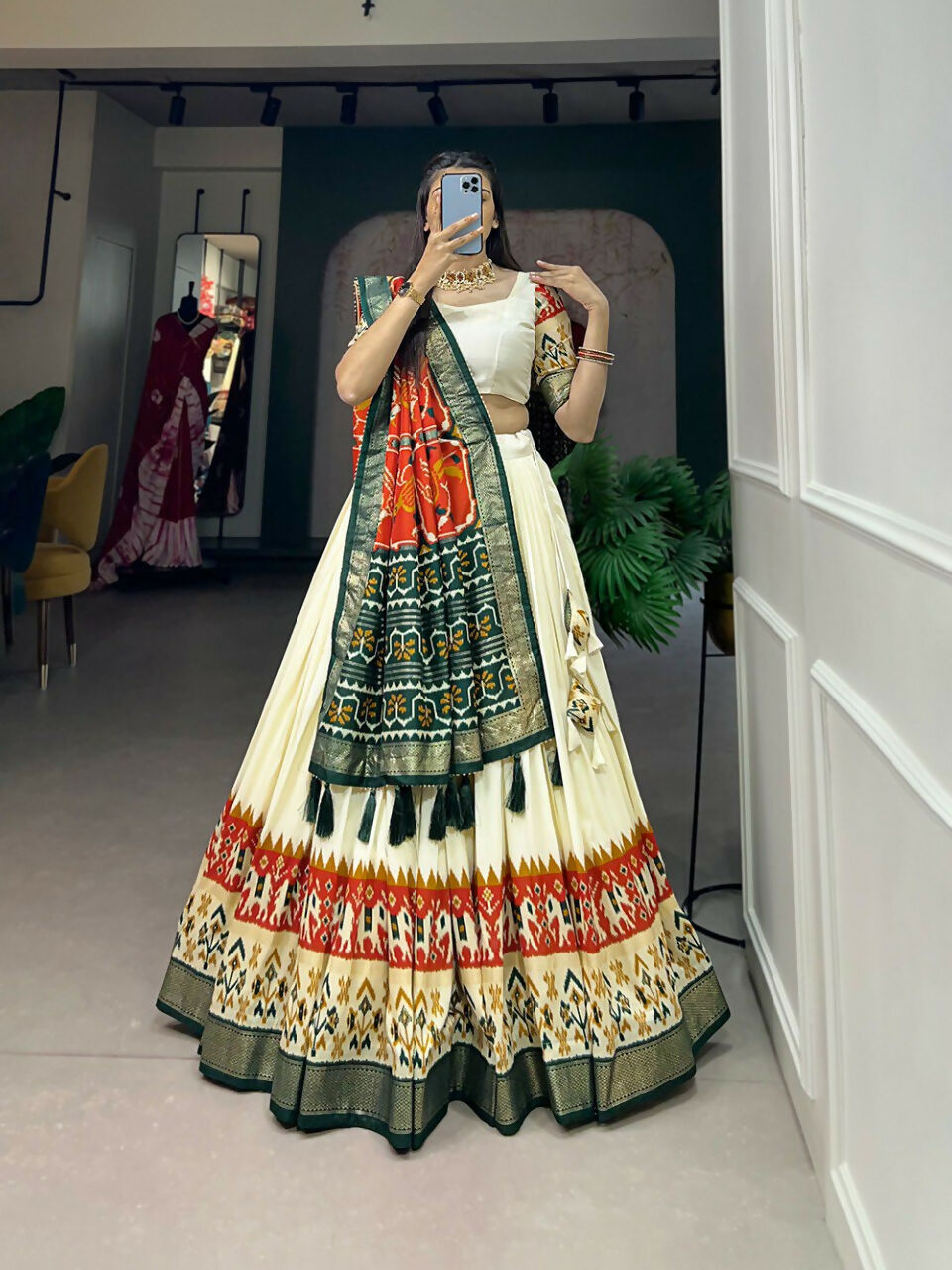 Vastranavya Ethnic Wardrobe with Our Stunning Patola Printed and Foil Work Tussar Silk Lehenga with Unstitched Choli - Off White | Grocsy