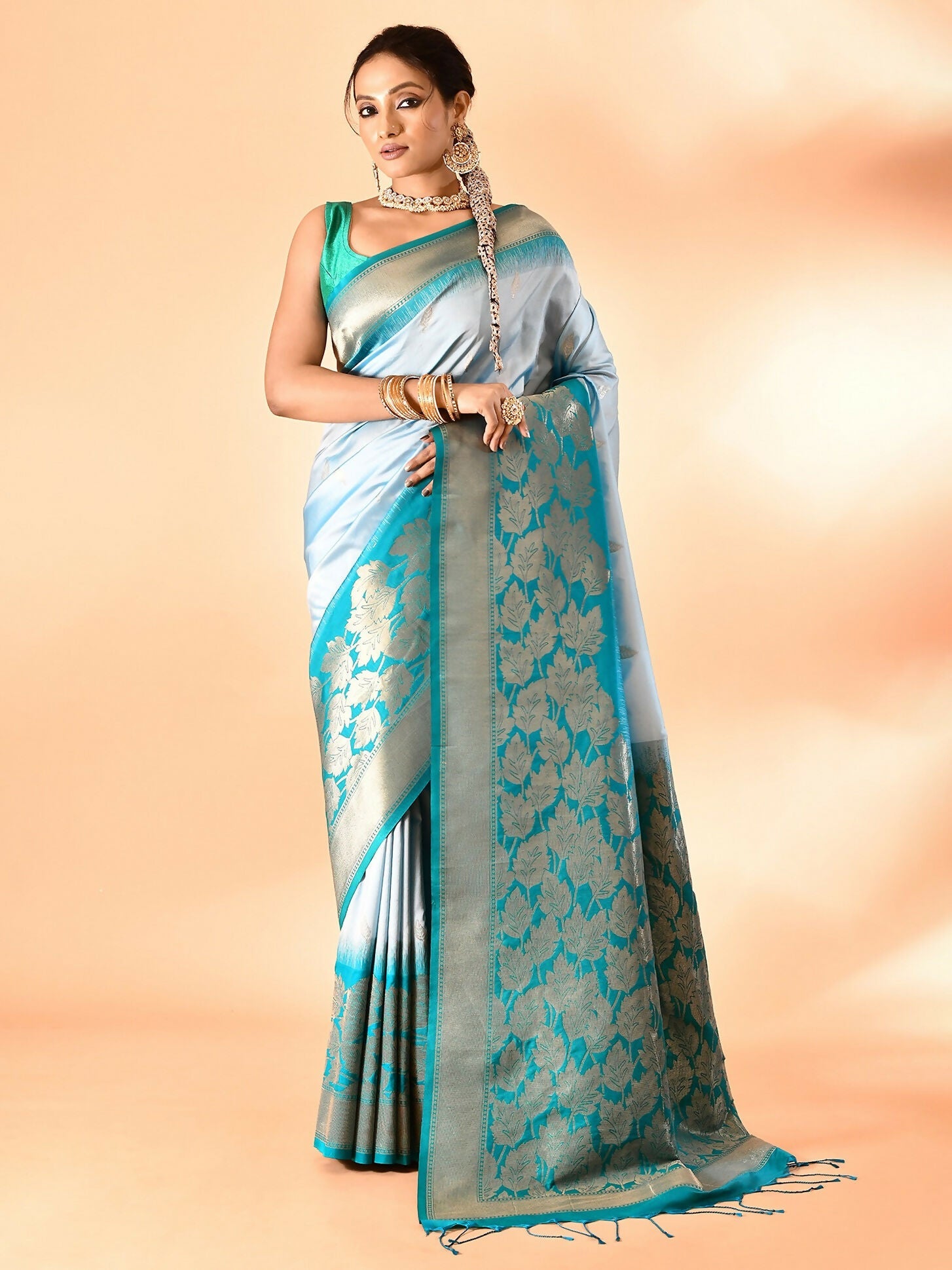 Joban Fashion Sky Blue & Rama Plain With Weaving Border Banarasi Silk Sarees | Grocsy