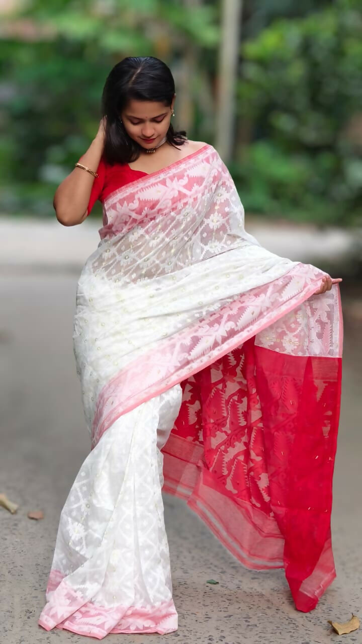 Exclusive Collection White Red White Red Jamdani Saree | Grocsy