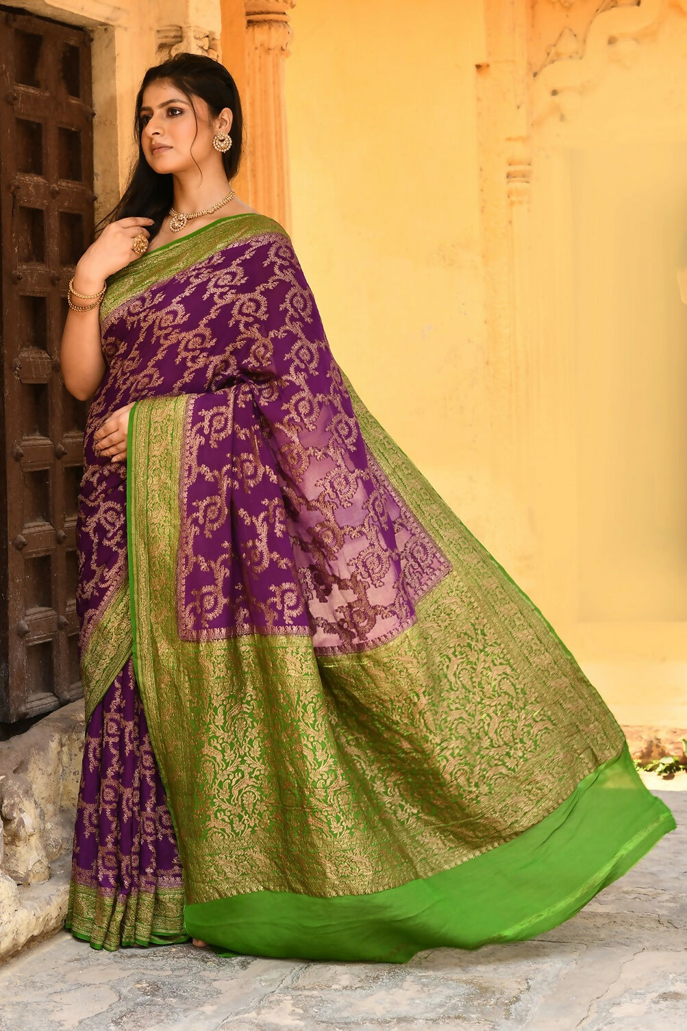 Joban Fashion Purple Crepe Chiffon Pure Handloom Banarasi Silk Saree | Grocsy