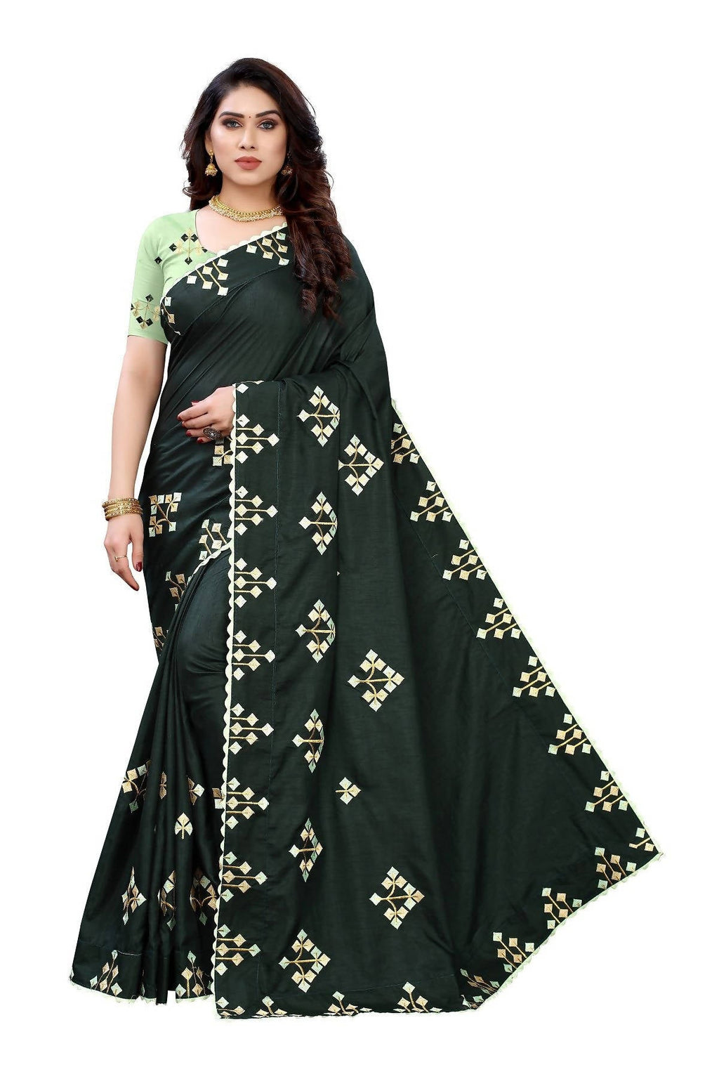 Vamika Green Dola Silk Embroidery Saree (JENY GREEN) | Grocsy