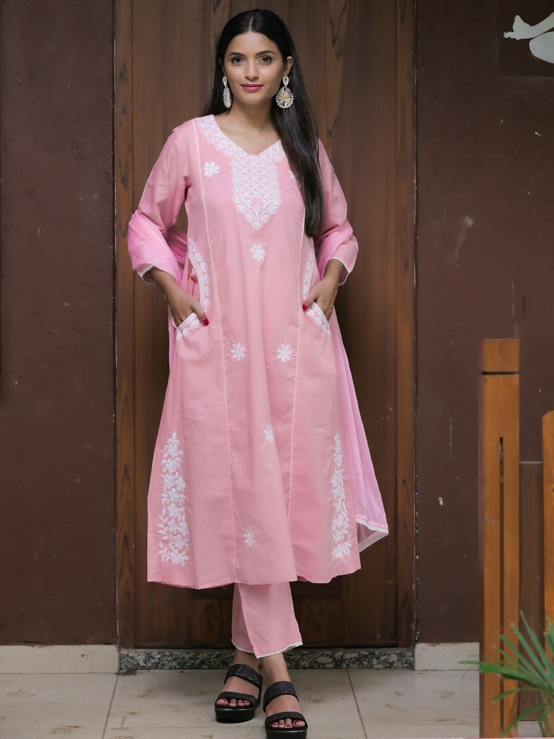 The52 Women's Beautiful Thread Work Cotton satin Fabric Flared Kurta Pant and Dupatta Set | Grocsy