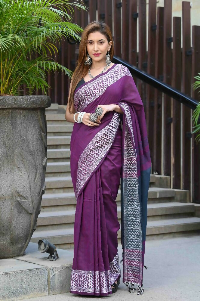 Beatitude Purple Cotton Jacqaurd Border Tangail Handloom Saree | Grocsy