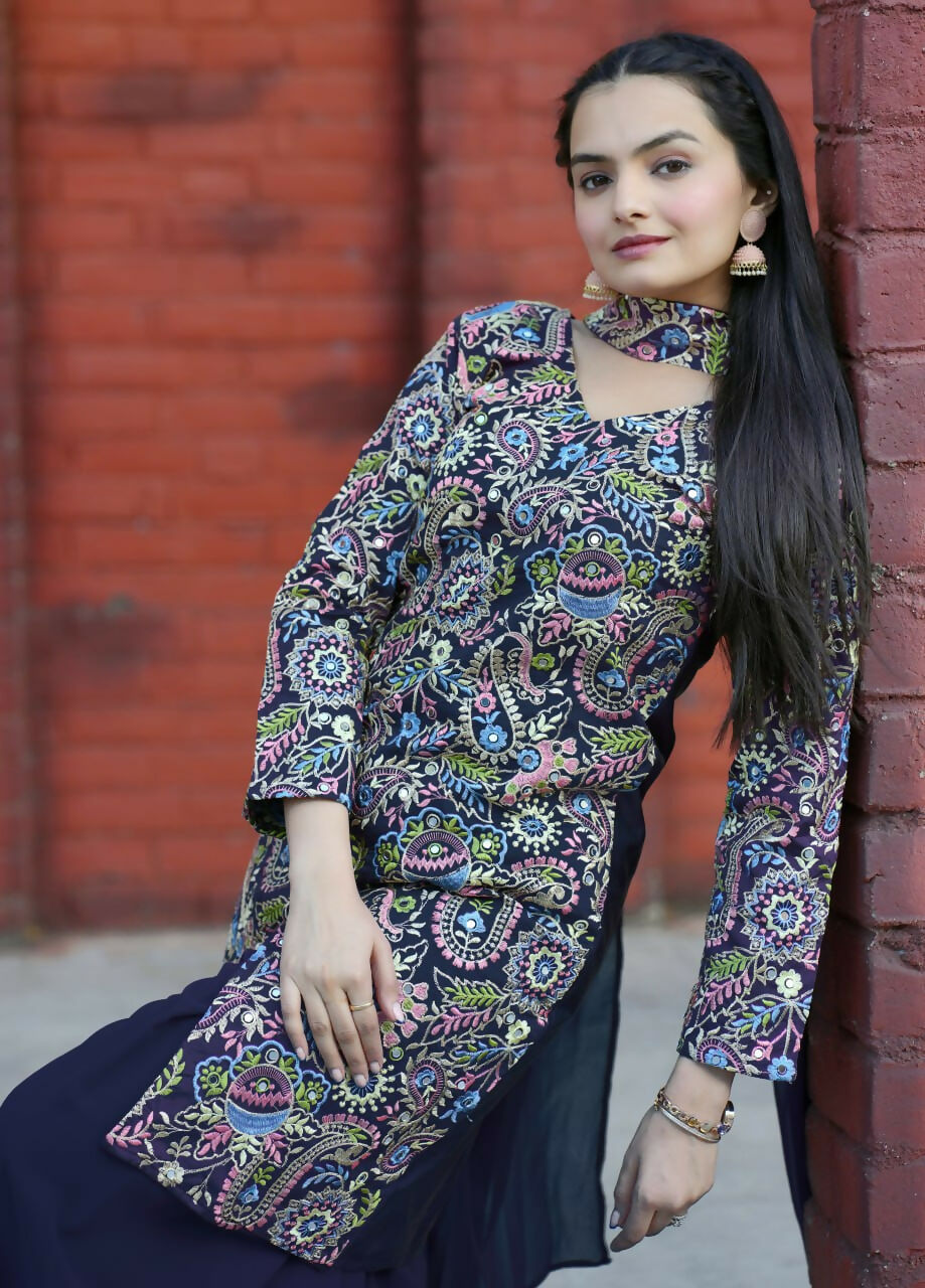 Joban Fashion Blue Silk Embroidered Sharara Set | Grocsy