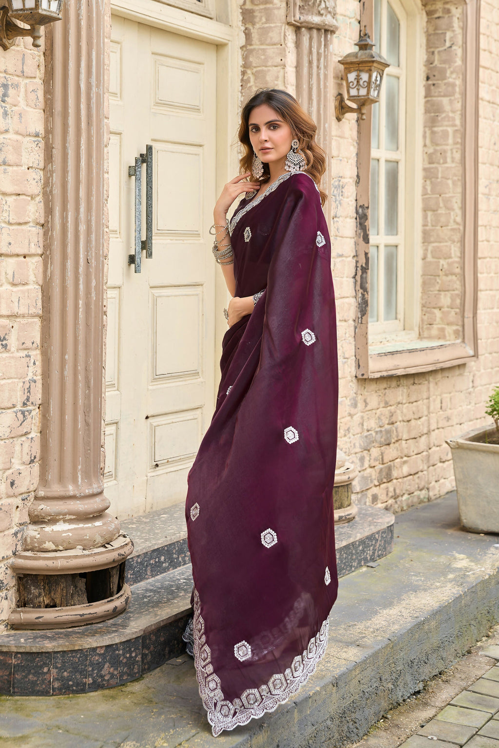 Vastranavya Wine Embroidery Work Shimmer Chiffon Saree with Unstitched Blouse | Grocsy