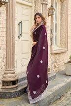Vastranavya Wine Embroidery Work Shimmer Chiffon Saree with Unstitched Blouse | Grocsy