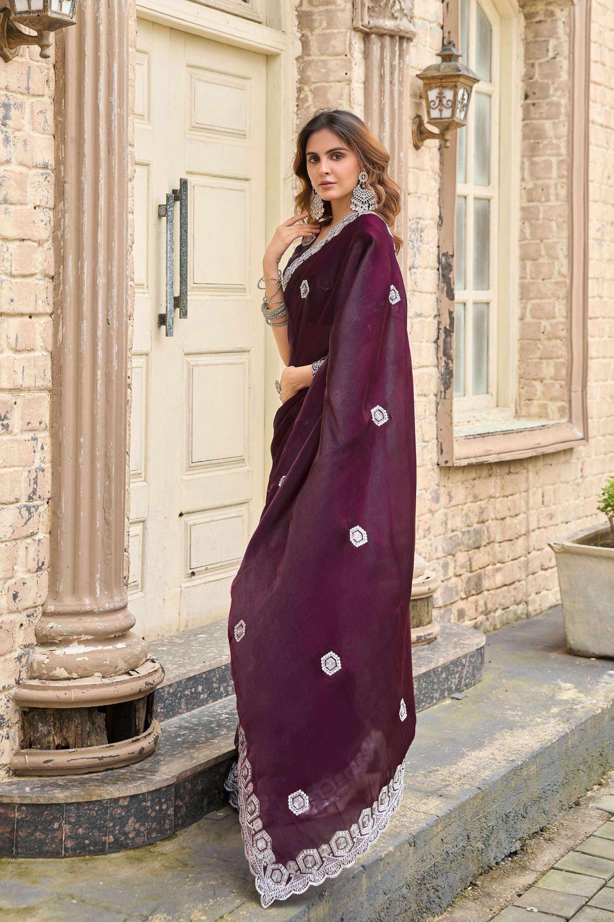 Vastranavya Wine Embroidery Work Shimmer Chiffon Saree with Unstitched Blouse | Grocsy