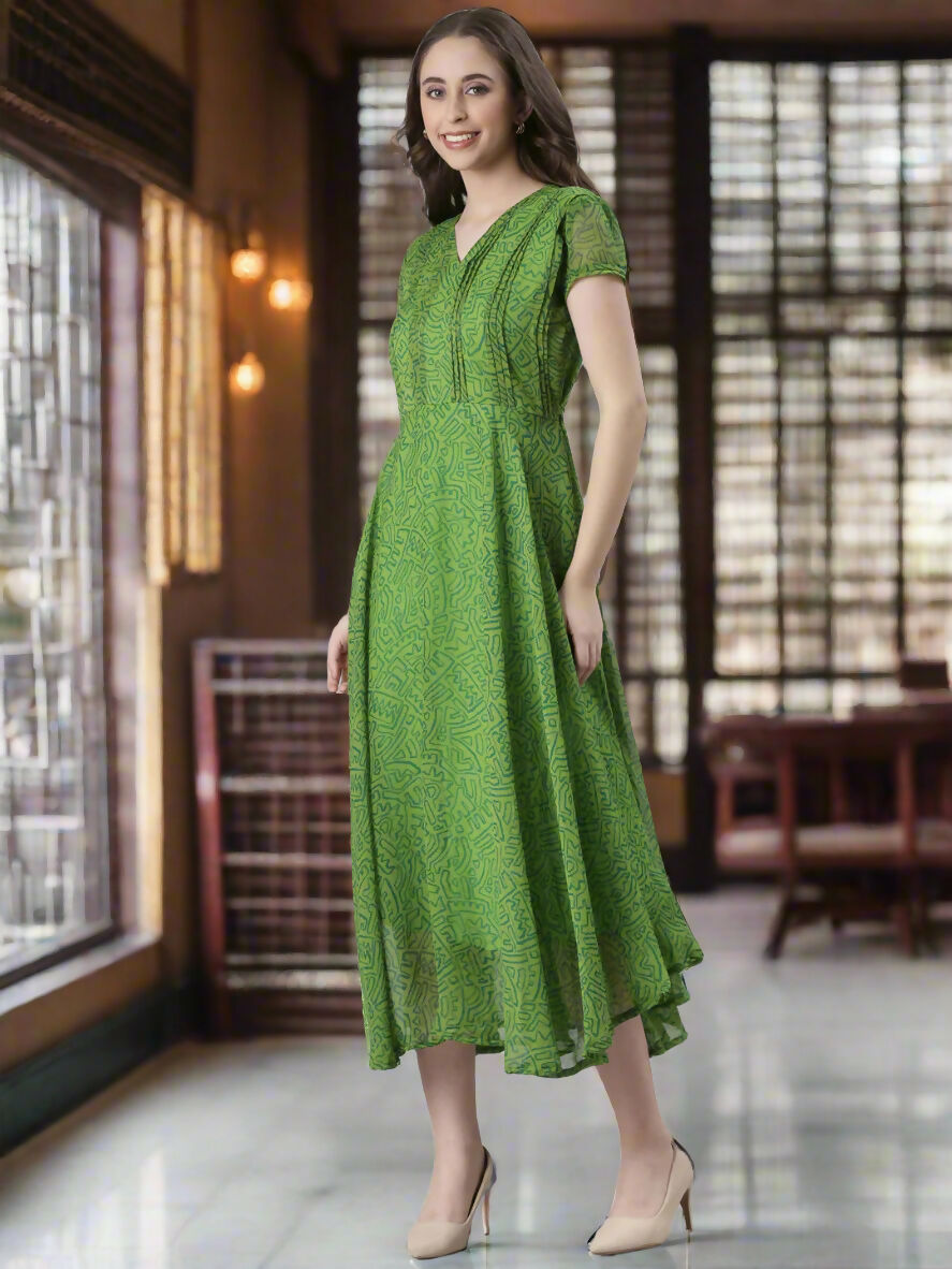 Souchii Green Printed Midi Dress – Flowy Fit & Flare | Grocsy