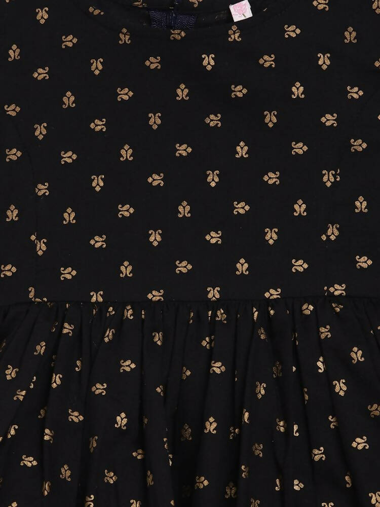 Ahalyaa Black Cotton Gold Print Kids Kurta Sharara Sets For Girls | Grocsy