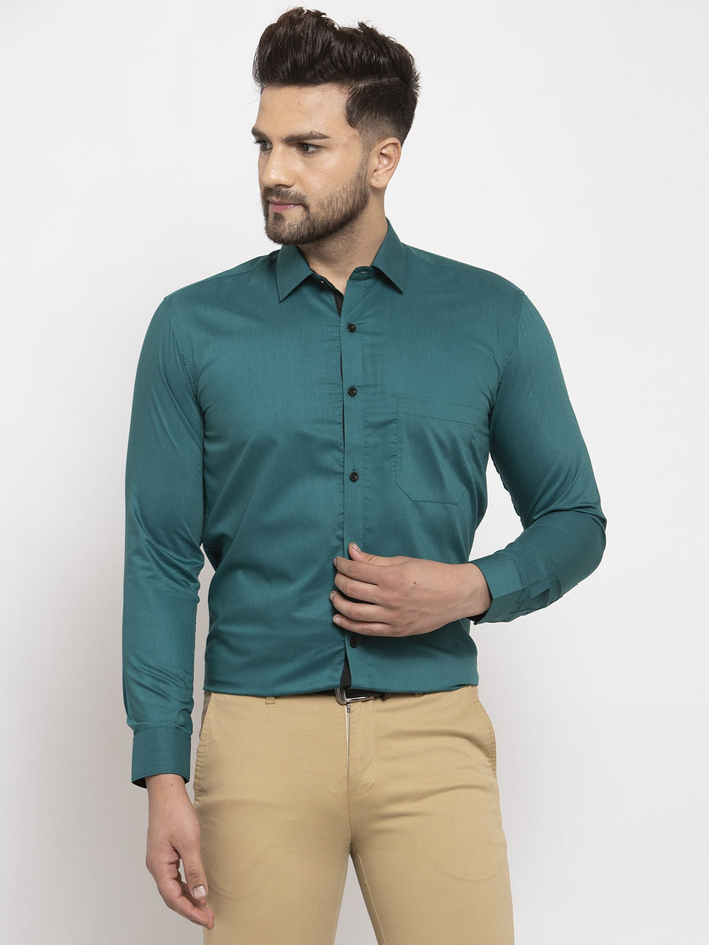 Jainish Teal Blue Formal Shirt with black detailing ( SF 411Teal ) | Grocsy