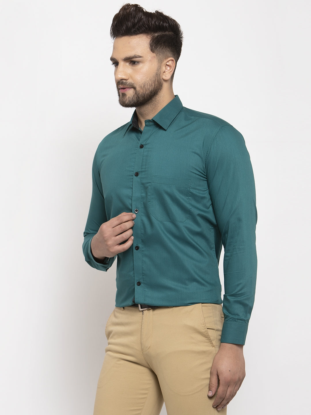 Jainish Teal Blue Formal Shirt with black detailing ( SF 411Teal ) | Grocsy