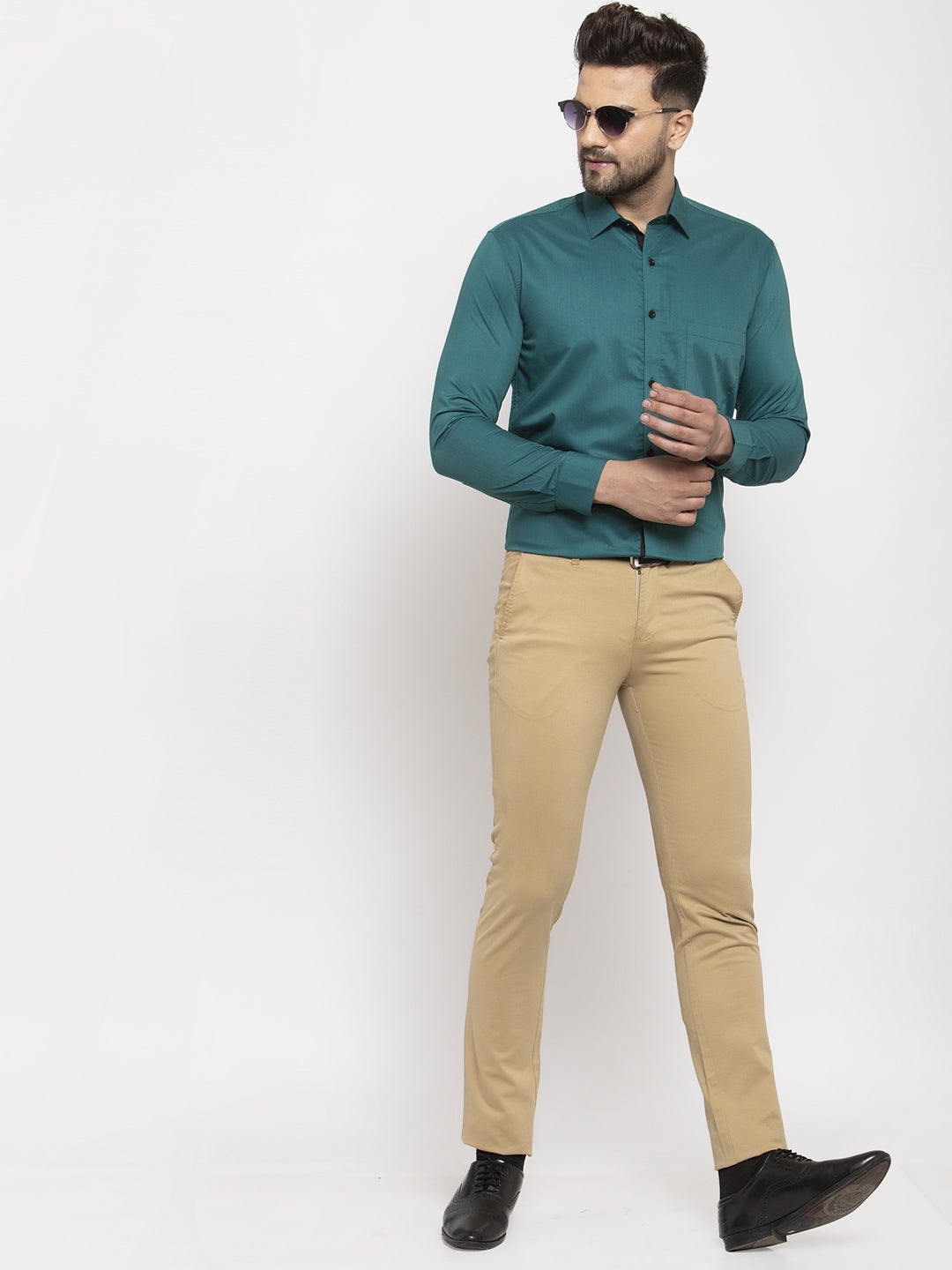 Jainish Teal Blue Formal Shirt with black detailing ( SF 411Teal ) | Grocsy