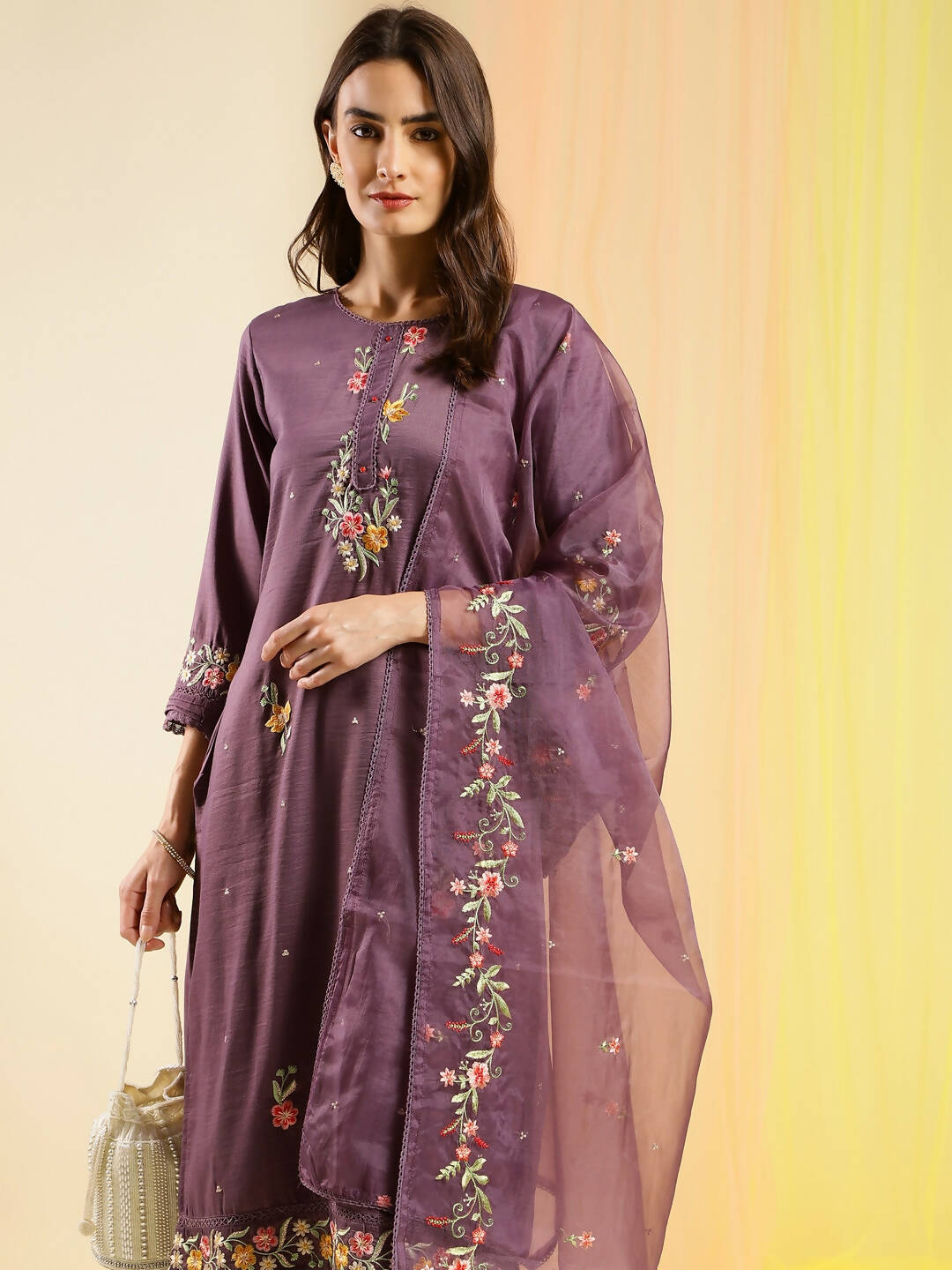 Wine Chinon Embroidered Straight Kurta with Trouser & Dupatta - Salimar | Grocsy
