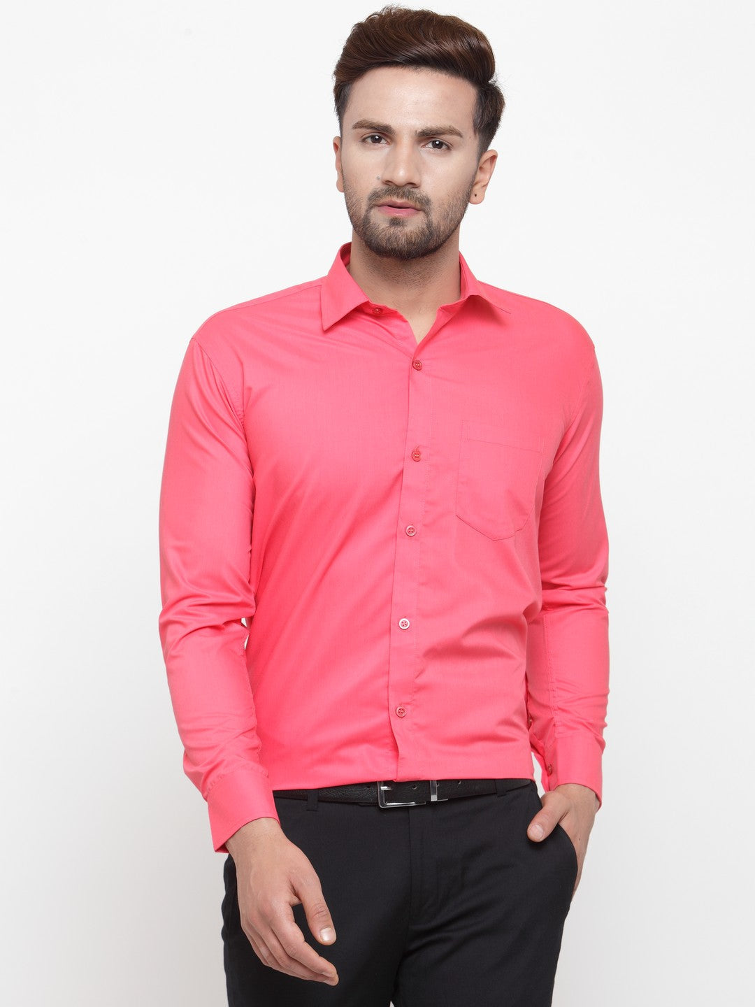 Jainish Men's Cotton Solid Coral Red Formal Shirt's ( SF 361Coral ) | Grocsy