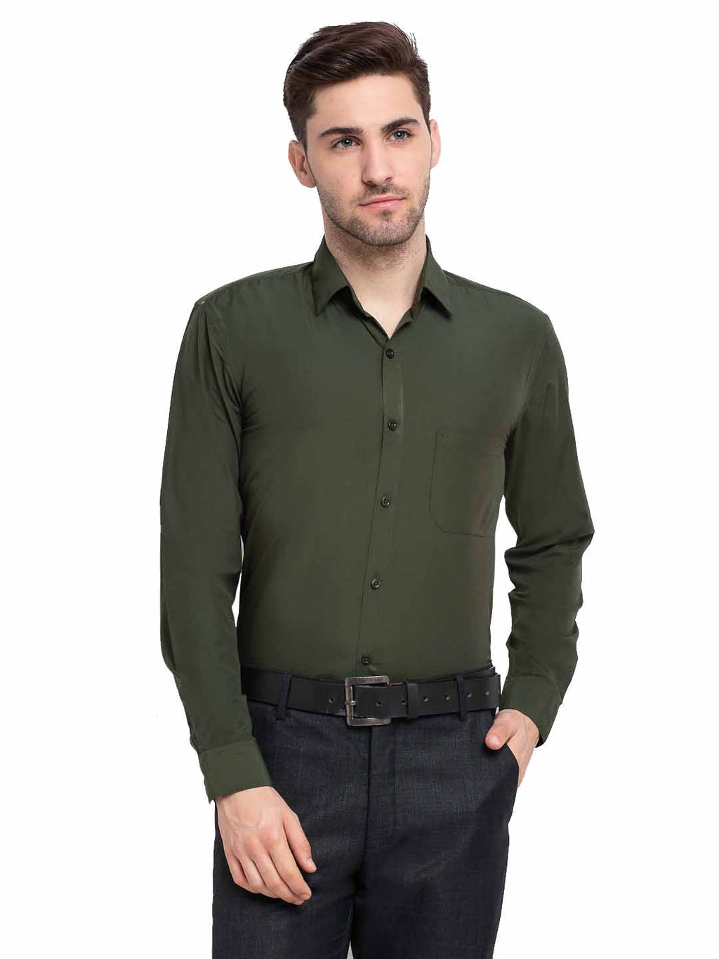 Jainish Men's Cotton Solid Mehndi Green Formal Shirt's ( SF 361Mehndi ) | Grocsy