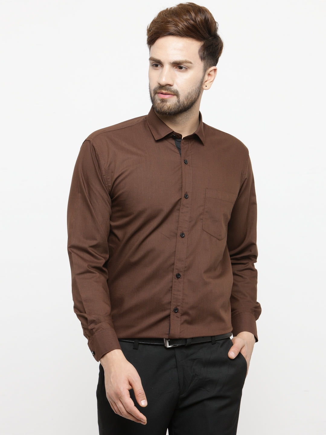 Jainish Coffee Formal Shirt with black detailing ( SF 411Coffee ) | Grocsy