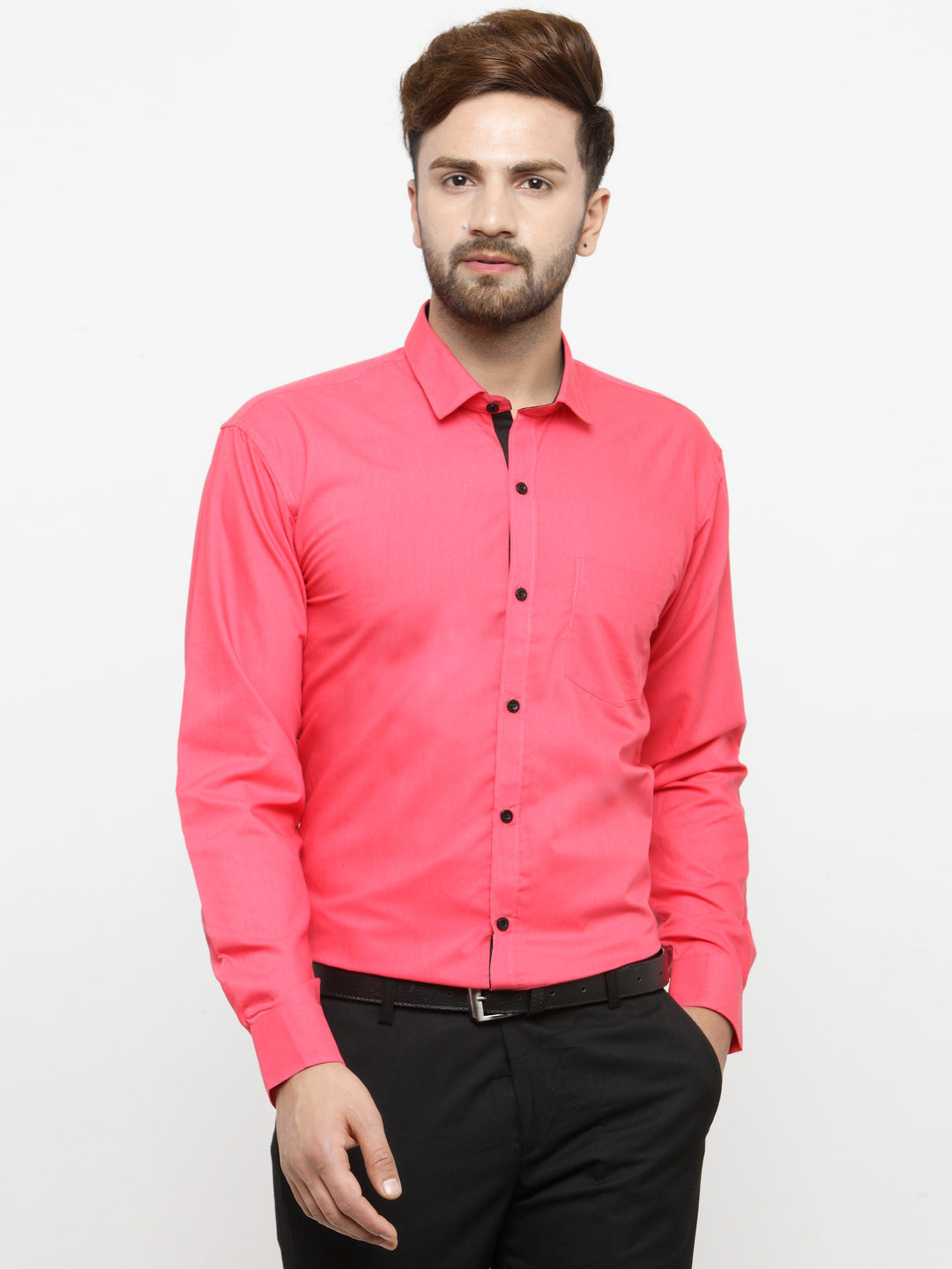 Jainish Coral Red Formal Shirt with black detailing ( SF 411Coral ) | Grocsy