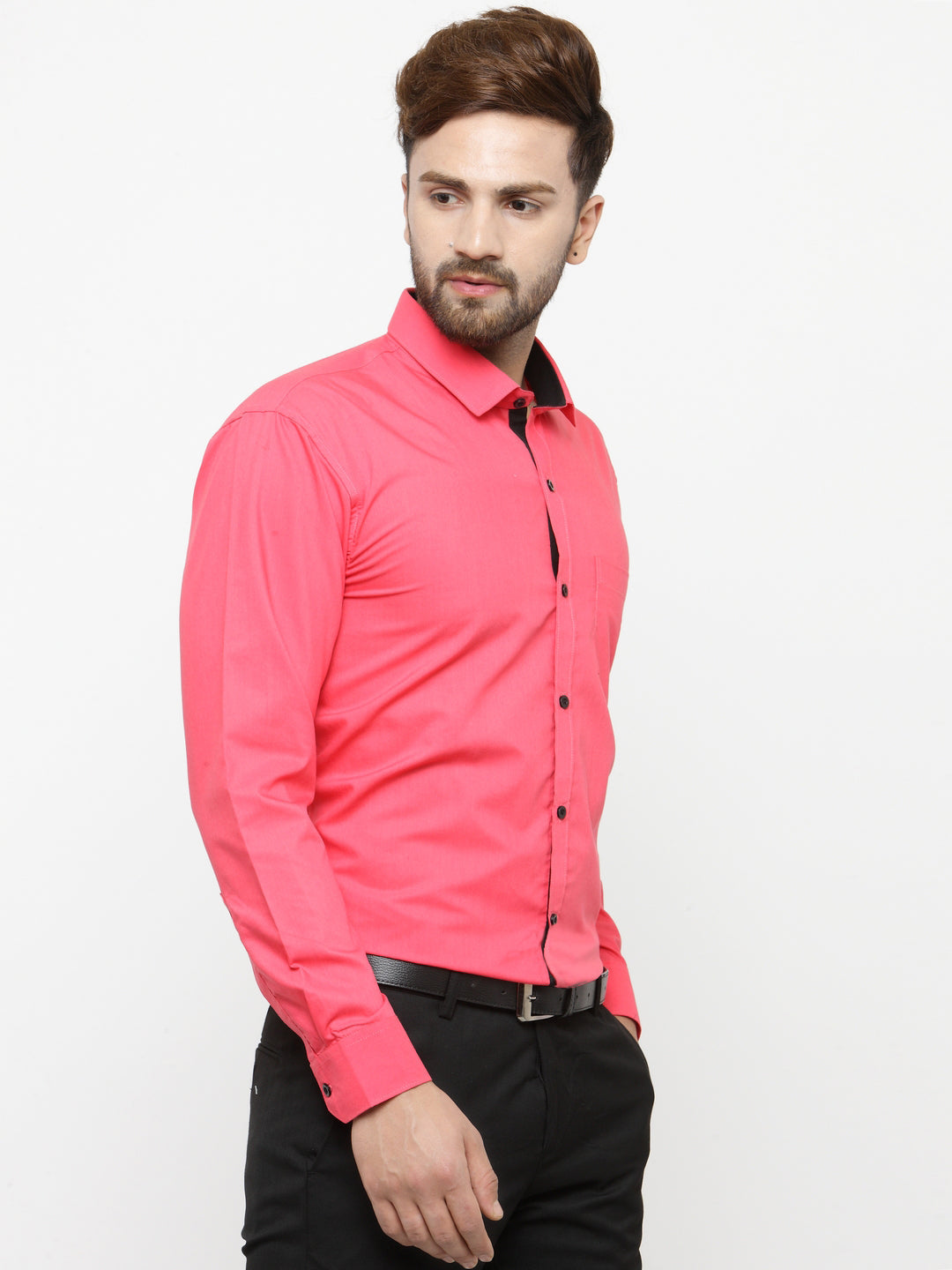 Jainish Coral Red Formal Shirt with black detailing ( SF 411Coral ) | Grocsy