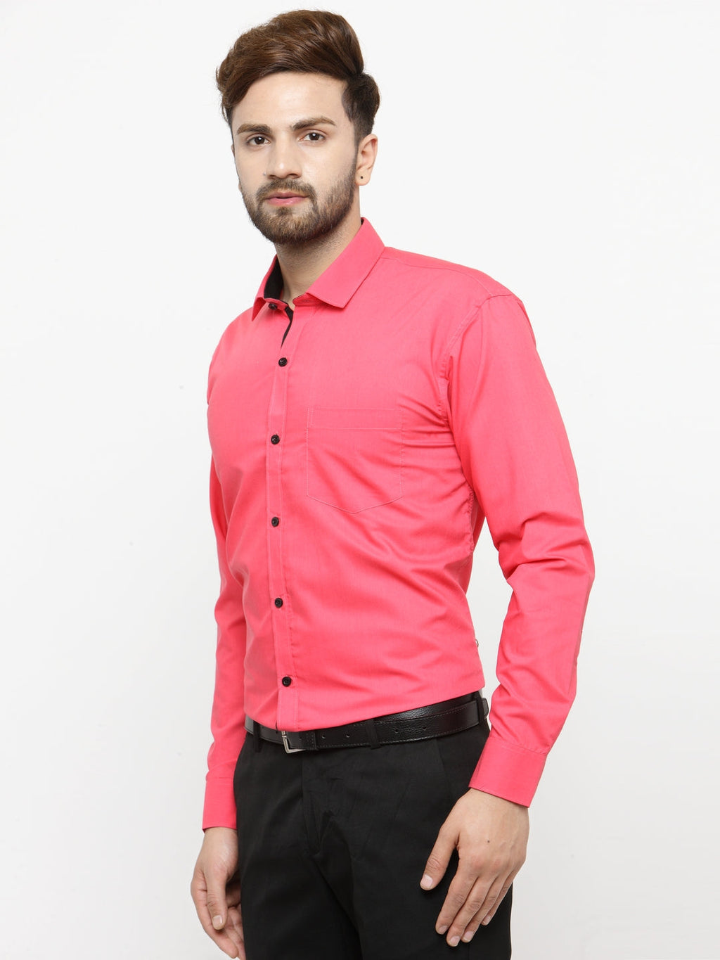 Jainish Coral Red Formal Shirt with black detailing ( SF 411Coral ) | Grocsy
