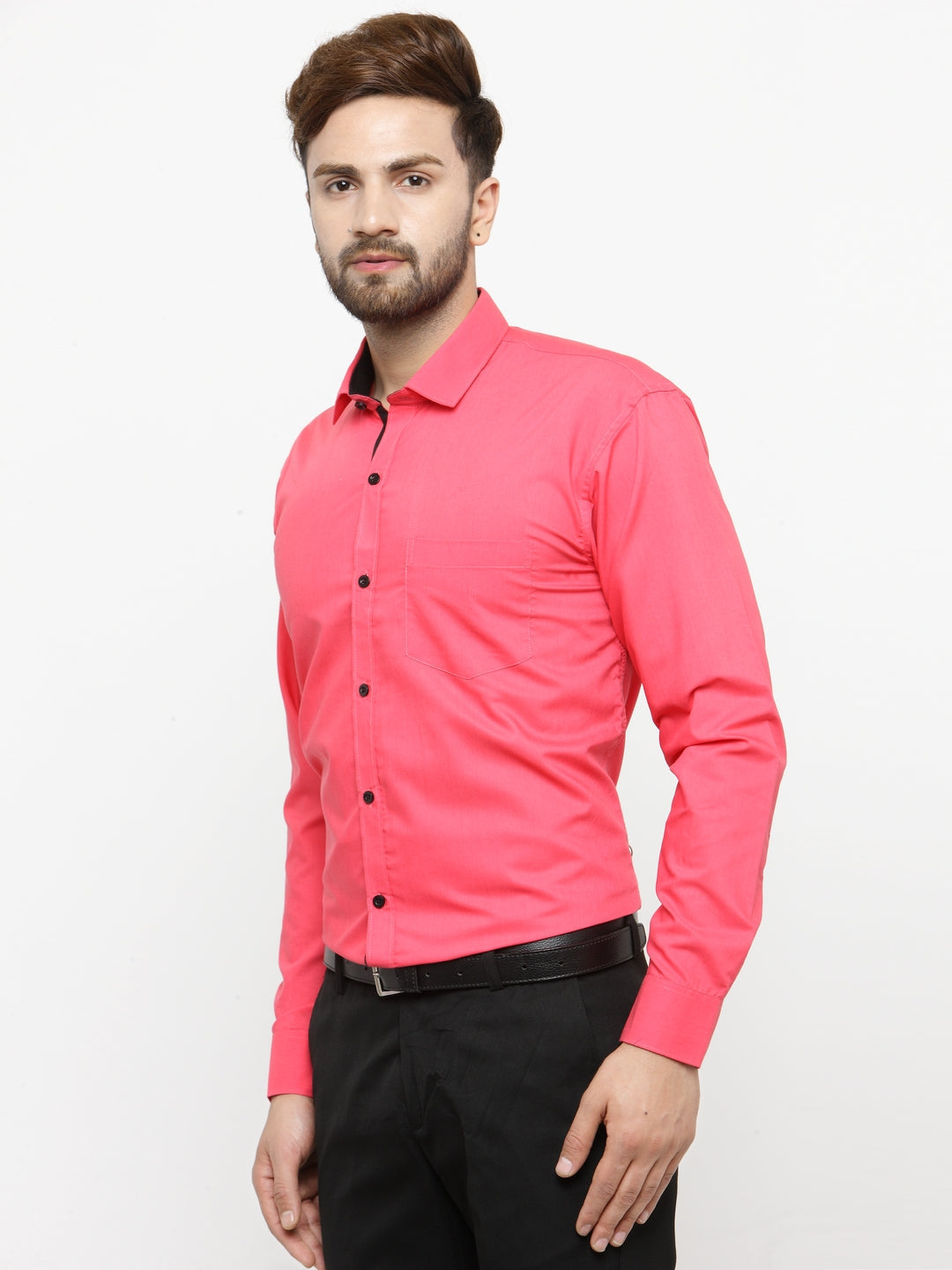 Jainish Coral Red Formal Shirt with black detailing ( SF 411Coral ) | Grocsy