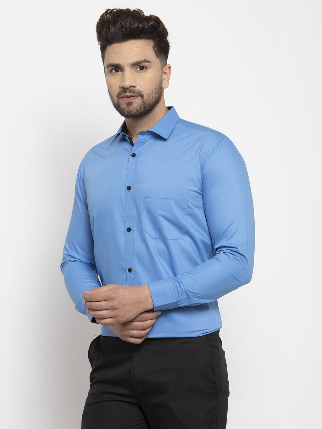 Jainish Light Blue Formal Shirt with black detailing ( SF 411Light-Blue ) | Grocsy